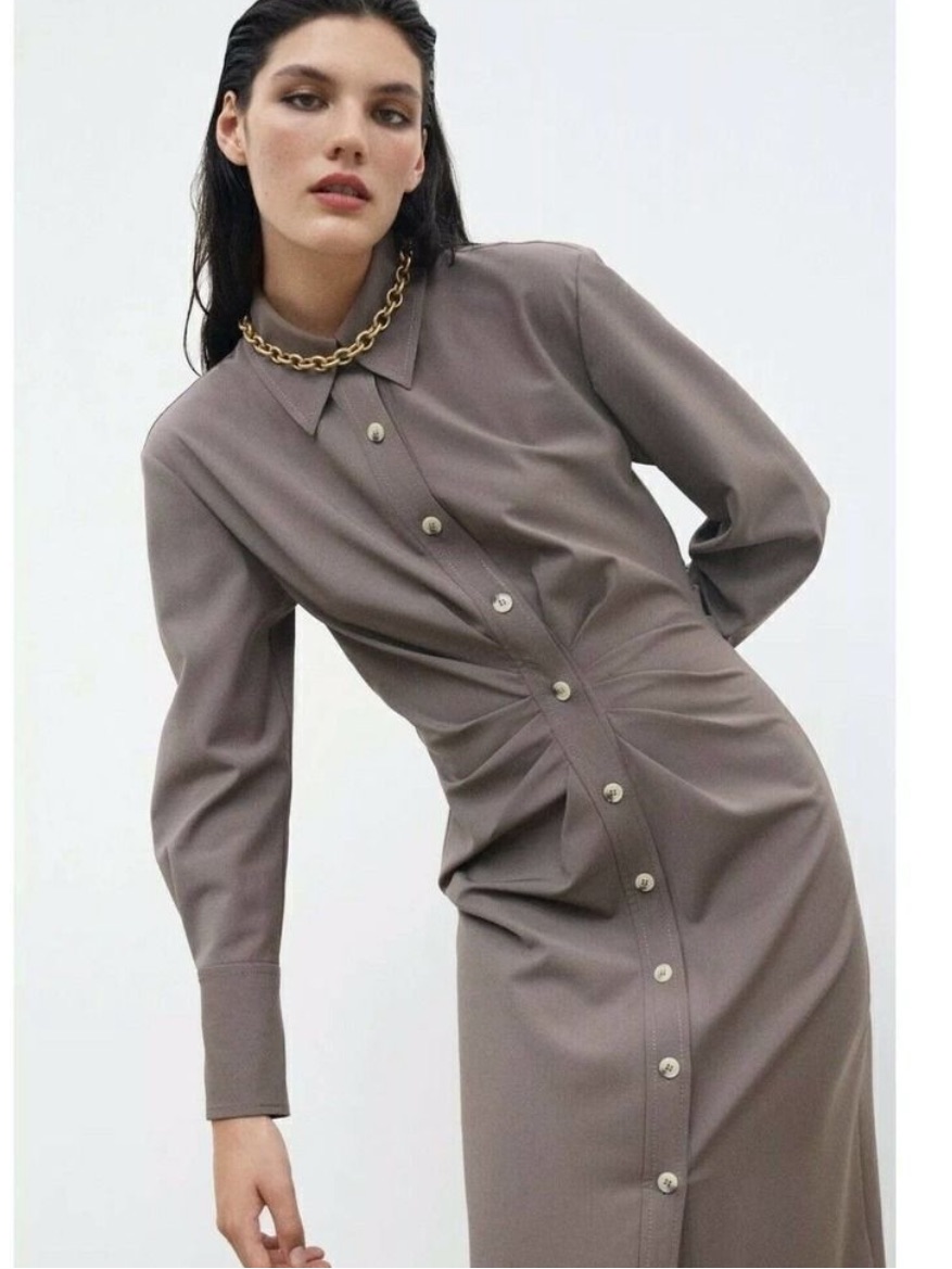 Nwt Zara Long Button-Front Twisted Waist Shirt Dress Brown Large